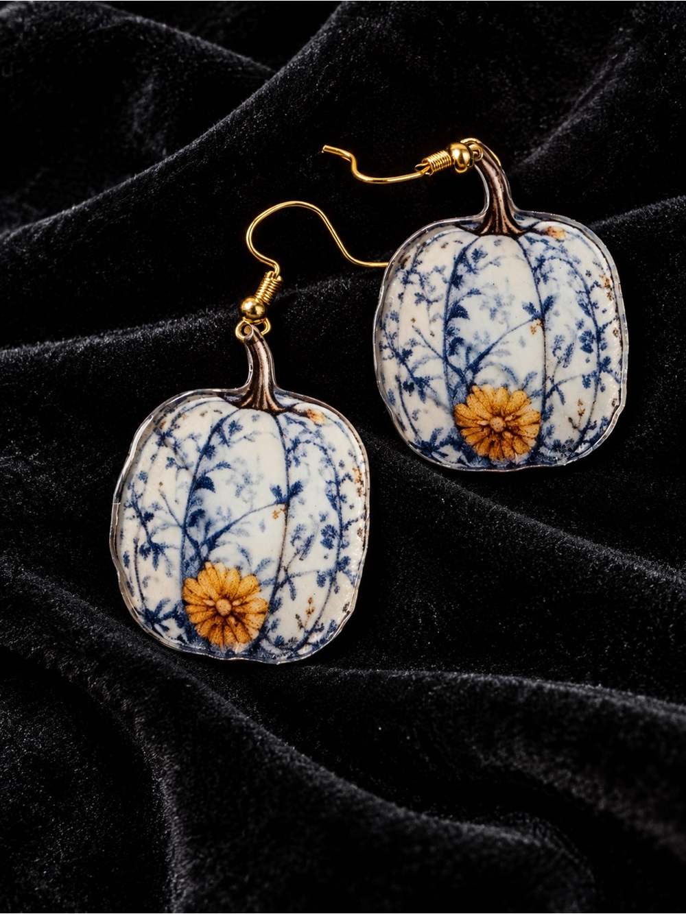 Elegant Blue Print Pumpkins with Golden Flowers